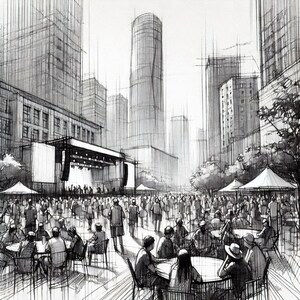 May include: A black and white sketch of a city street scene with a stage set up in the middle of the street. There are people sitting at tables in front of the stage, and buildings in the background.