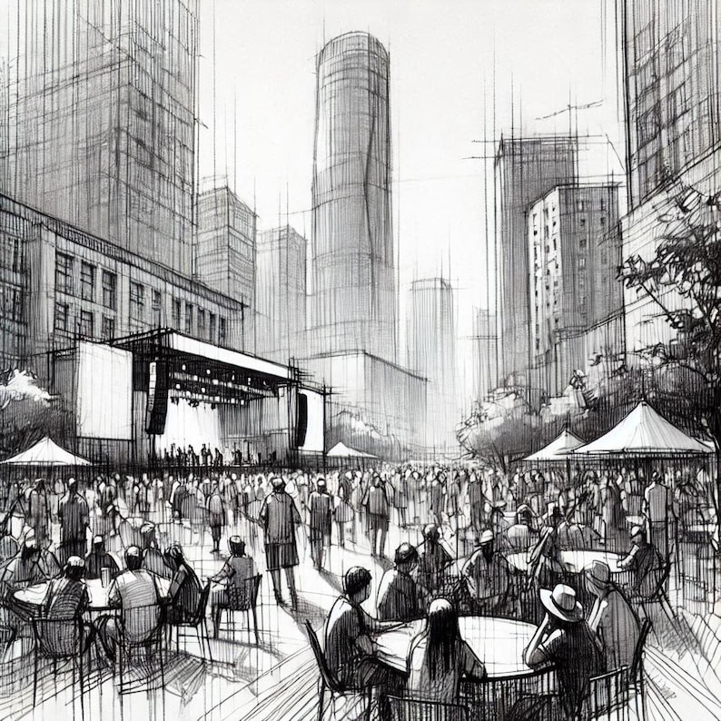 May include: A black and white sketch of a city street scene with a stage set up in the middle of the street. There are people sitting at tables in front of the stage, and buildings in the background.