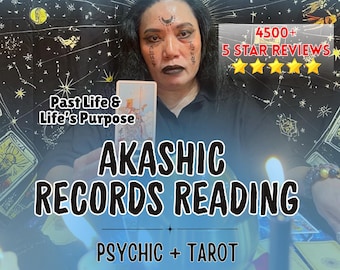 May include: A person with dark hair and facial markings holds a tarot card in front of a black backdrop with celestial patterns. Text reads: SAME DAY DELIVERY, 4500+ 5 STAR REVIEWS, Past Life & Life's Purpose, AKASHIC RECORDS READING, PSYCHIC + TAROT, IN-DEPTH & HONEST.