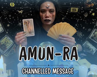 May include: A person with dark makeup and facial markings holds a Hermit tarot card and a fan of gold-backed cards. Text reads: DELIVERS ON THE SAME DAY, AMUN-RA, CHANNELLED MESSAGE, VERY DETAILED (MORE THAN 1000 WORDS) against a celestial backdrop.