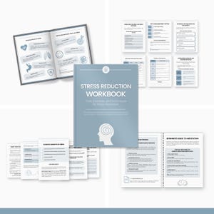May include: A light blue "Stress Reduction Workbook" with white text. The workbook is surrounded by open books and printed pages with text and graphics. The cover features a white silhouette of a person's head. The workbook is designed for stress reduction.