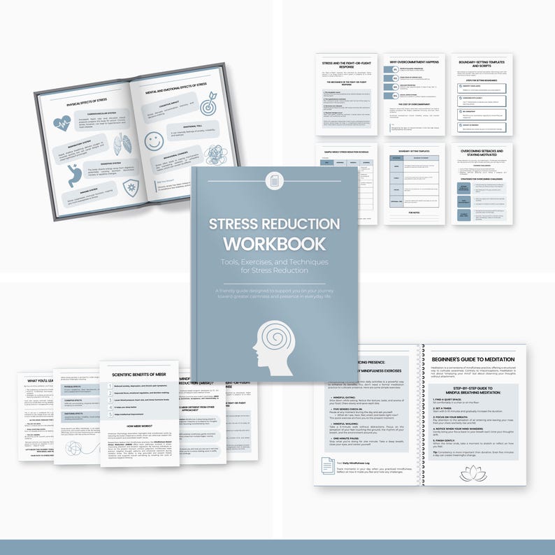 May include: A light blue "Stress Reduction Workbook" with white text. The workbook is surrounded by open books and printed pages with text and graphics. The cover features a white silhouette of a person's head. The workbook is designed for stress reduction.