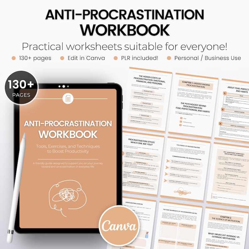 May include: A digital workbook with a peach background and a white outline of a brain. The title is "Anti-Procrastination Workbook" and the subtitle is "Tools, Exercises, and Techniques to Boost Productivity". The workbook is designed to help people overcome procrastination and increase their productivity. The workbook is available for download on Canva.