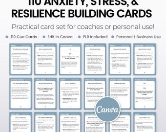 May include: A set of 110 blue and white cards with text and graphics. The cards are designed to help with anxiety, stress, and resilience building. The cards are labeled with titles such as "Stress Relief", "Anxiety", and "Resilience Building".