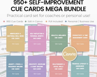 950+ Self-Improvement Cue Cards MEGA Bundle! Therapist Worksheets, Editable PLR for Coaches, Canva Templates Mental Health Coaching Card Set