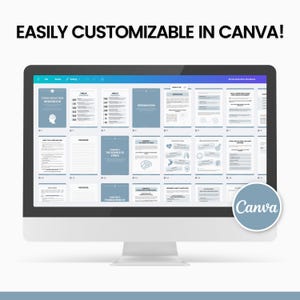 May include: A computer monitor shows a stress reduction workbook template. The workbook pages are light blue and white, with illustrations and text. The screen also shows the text "EASILY CUSTOMIZABLE IN CANVA!" and a Canva logo.