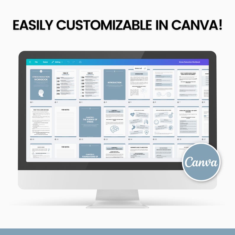 May include: A computer monitor shows a stress reduction workbook template. The workbook pages are light blue and white, with illustrations and text. The screen also shows the text "EASILY CUSTOMIZABLE IN CANVA!" and a Canva logo.