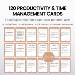 May include: A set of 120 productivity and time management cards with a brown background and white text. The cards are organized into categories such as "Daily Priority", "Goal Planning", and "Productivity Technique". The text on the cards includes phrases like "The Eisenhower Matrix", "Set a Mid-Point Check-In", and "The 80/20 Rule".