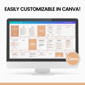 May include: A computer screen displaying a digital workbook with the title "Mind-Programming for Success Workbook". The workbook is divided into chapters and includes sections for notes and action plans. The screen is open in Canva, a graphic design platform, indicating that the workbook is customizable.