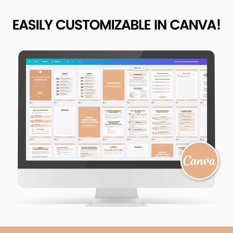 May include: A computer screen displaying a digital workbook with the title "Mind-Programming for Success Workbook". The workbook is divided into chapters and includes sections for notes and action plans. The screen is open in Canva, a graphic design platform, indicating that the workbook is customizable.