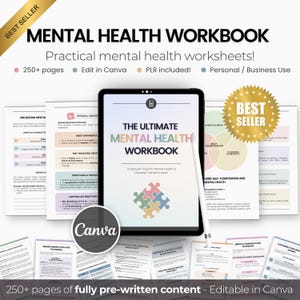 Może przedstawiać: Cyfrowy zeszyt ćwiczeń dotyczący zdrowia psychicznego wyświetlany na tablecie, zatytułowany "The Ultimate Mental Health Workbook". Obraz zawiera tekst "250+ stron" i "Edit in Canva". Widoczna jest również złota naklejka "Best Seller".