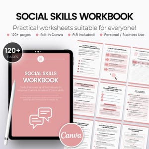 May include: A pink and white digital tablet displaying a social skills workbook with the title "Social Skills Workbook" and the text "Tools, Exercises, and Techniques to Improve Communication & Social Skills". The workbook is designed to help people improve their communication and social skills. The tablet is on a white surface with a white pen next to it.