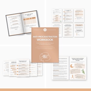 May include: A pink and gold workbook titled "Anti-Procrastination Workbook: Tools, Exercises, and Techniques to Boost Productivity". The cover features a stylized brain graphic and the text "A journey to conquer procrastination & manage your life, one step at a time."