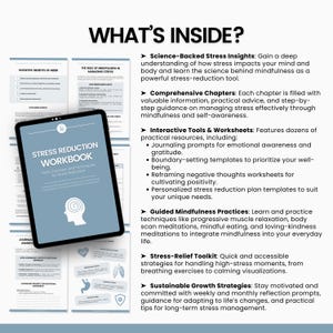May include: A digital tablet shows the cover of a "Stress Reduction Workbook" with white text on a blue background. The image also shows printed worksheets and text detailing the workbook's contents, including stress insights and mindfulness practices.