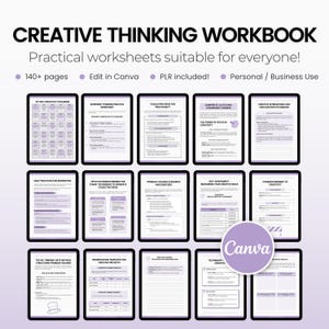 May include: A digital workbook with 140+ pages of worksheets for creative thinking. The workbook is designed for personal or business use and can be edited in Canva. The cover features a purple background with the title "Creative Thinking Workbook" in white text. The workbook includes worksheets on topics such as divergent thinking, evaluating ideas, brainstorming, problem solving, and self-assessment.