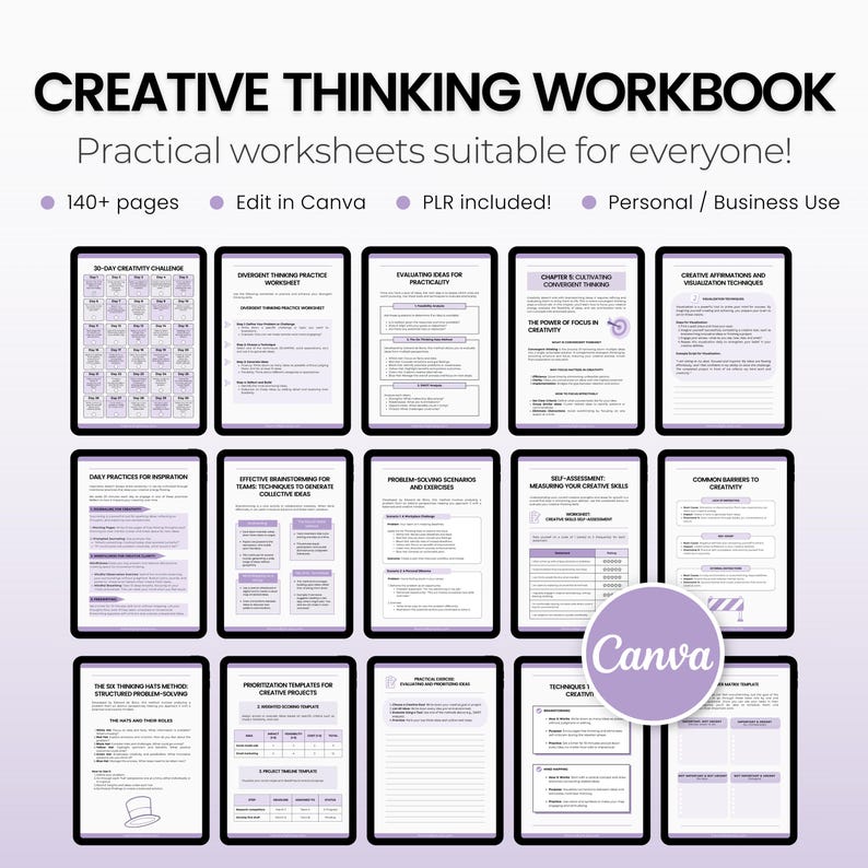 May include: A digital workbook with 140+ pages of worksheets for creative thinking. The workbook is designed for personal or business use and can be edited in Canva. The cover features a purple background with the title "Creative Thinking Workbook" in white text. The workbook includes worksheets on topics such as divergent thinking, evaluating ideas, brainstorming, problem solving, and self-assessment.