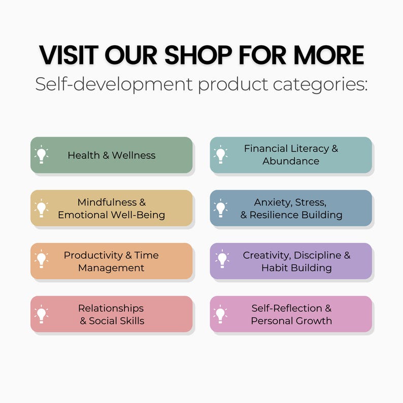May include: A graphic with ten colorful buttons, each with a lightbulb icon and text describing a self-development product category. The categories are: Health & Wellness, Financial Literacy & Abundance, Mindfulness & Emotional Well-Being, Anxiety, Stress, & Resilience Building, Productivity & Time Management, Creativity, Discipline & Habit Building, Relationships & Social Skills, Self-Reflection & Personal Growth.