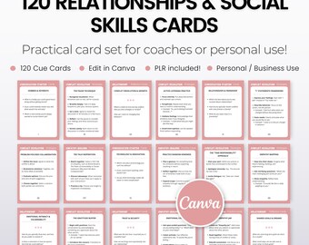 May include: A set of 120 pink and white relationship and social skills cards. The cards are designed to be used by coaches or for personal use. The cards are labeled with categories such as "Conversation Starters", "Empathy Skills", "Conflict Resolution", and "Relationship". The text on the cards is in black and white.