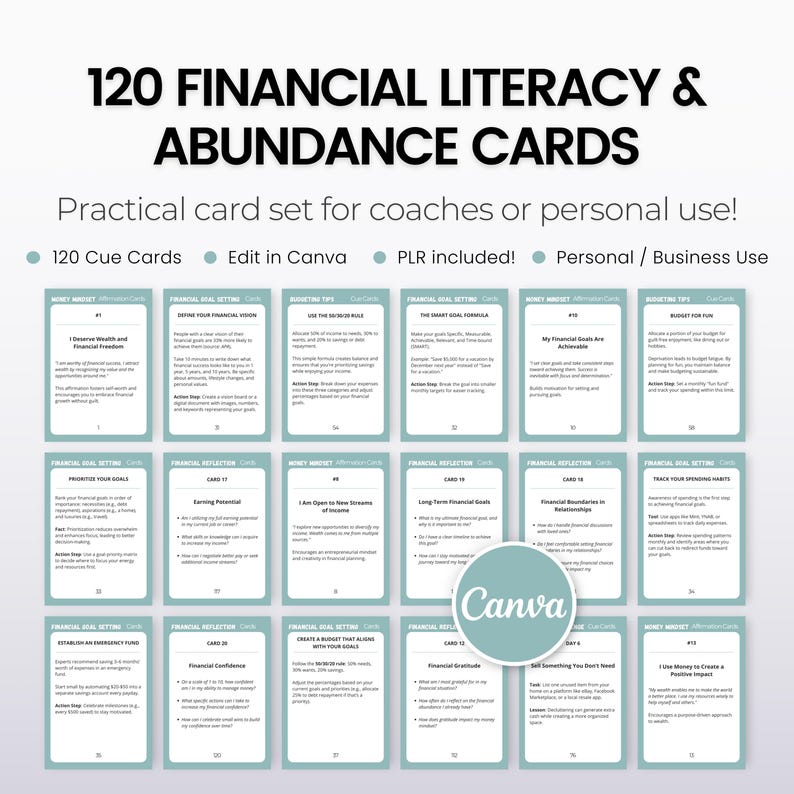 May include: A set of 120 teal and white cards with the text "120 Financial Literacy & Abundance Cards" in a large, bold font. The cards are designed to help people learn about personal finance and build wealth. The text "Practical card set for coaches or personal use!" is also included. The cards are designed to be used with Canva.