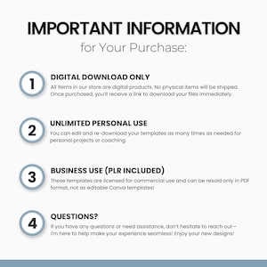 May include: A white background with black text detailing purchase information. The text includes "IMPORTANT INFORMATION for Your Purchase:" and numbered points about digital downloads, personal use, and business use.