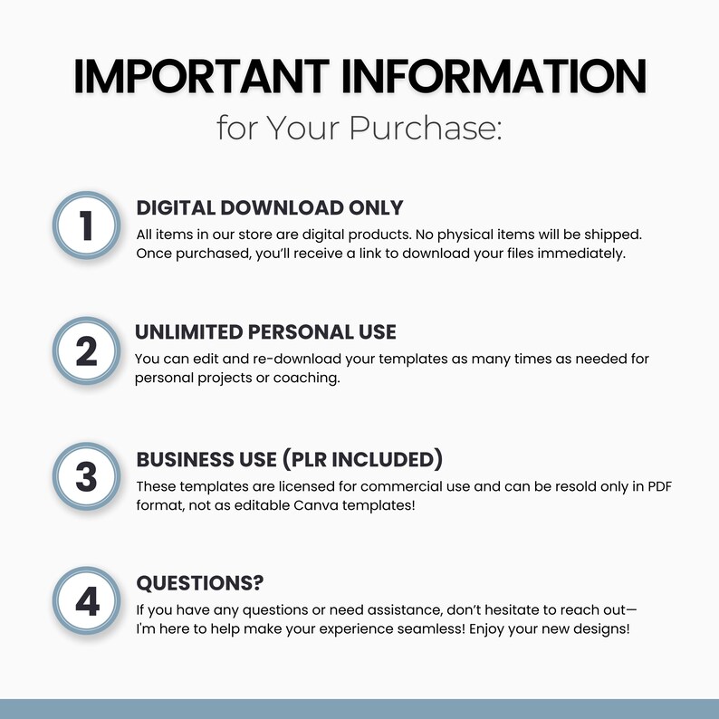 May include: A white background with black text detailing purchase information. The text includes "IMPORTANT INFORMATION for Your Purchase:" and numbered points about digital downloads, personal use, and business use.