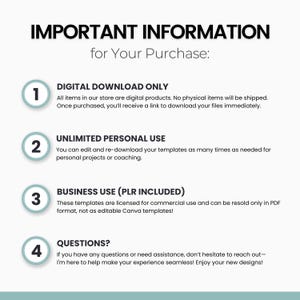 May include: A white background with blue text outlining important information for digital downloads. The text includes information about digital download only, unlimited personal use, business use with PLR included, and questions.