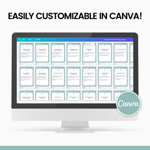 May include: A screenshot of a computer screen showing a Canva design project with a grid of 25 cards. The cards are light blue with white text and are labeled with numbers 1-25. The text on the cards is about financial literacy and abundance. The text at the top of the screen says "EASILY CUSTOMIZABLE IN CANVA!" and the Canva logo is in the bottom right corner.