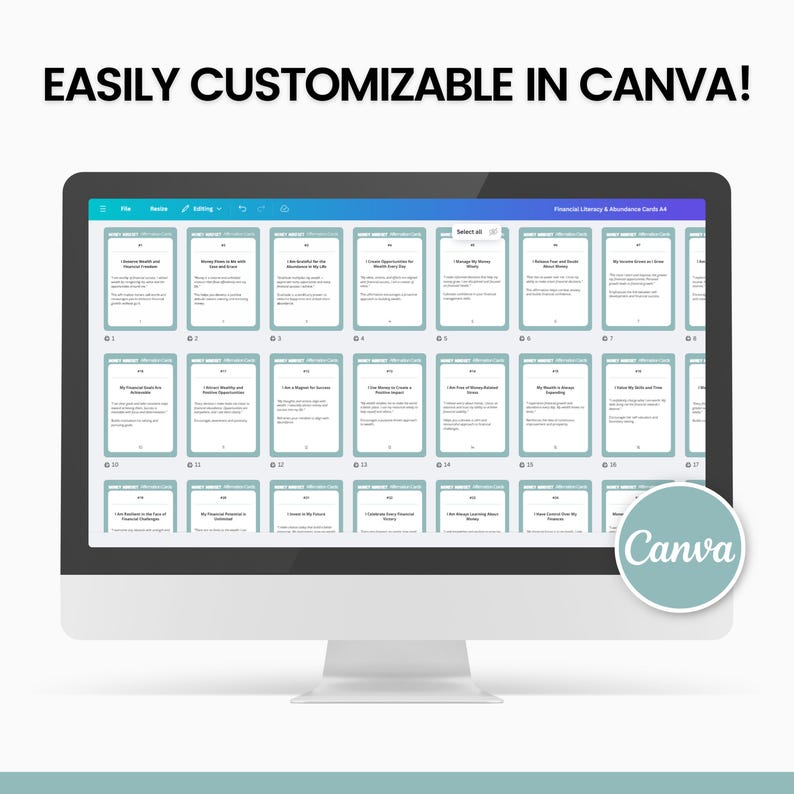 May include: A screenshot of a computer screen showing a Canva design project with a grid of 25 cards. The cards are light blue with white text and are labeled with numbers 1-25. The text on the cards is about financial literacy and abundance. The text at the top of the screen says "EASILY CUSTOMIZABLE IN CANVA!" and the Canva logo is in the bottom right corner.