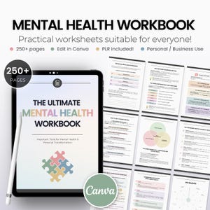 May include: A digital tablet displaying a colourful cover for a mental health workbook titled "The Ultimate Mental Health Workbook". The cover features a jigsaw puzzle piece design and the text "Important Tools for Mental Health & Personal Transformation". The workbook is available on Canva.