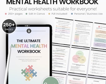 Op de afbeelding: Een digitale tablet die een kleurrijk omslag toont voor een mentale gezondheidswerkboek met de titel "The Ultimate Mental Health Workbook". De omslag heeft een puzzelstukjesontwerp en de tekst "Important Tools for Mental Health & Personal Transformation". Het werkboek is beschikbaar op Canva.