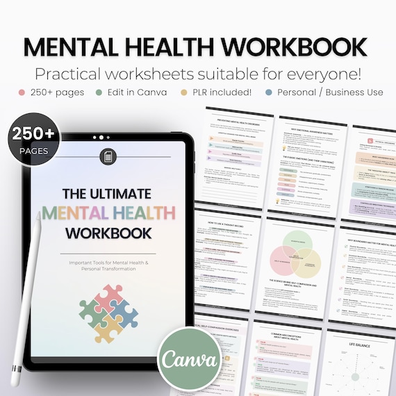 Mental Health Workbook PLR, Editable Coaching Tools Canva Templates Mental Health Guided Worksheets for Coaches Therapist Resources Toolkit
