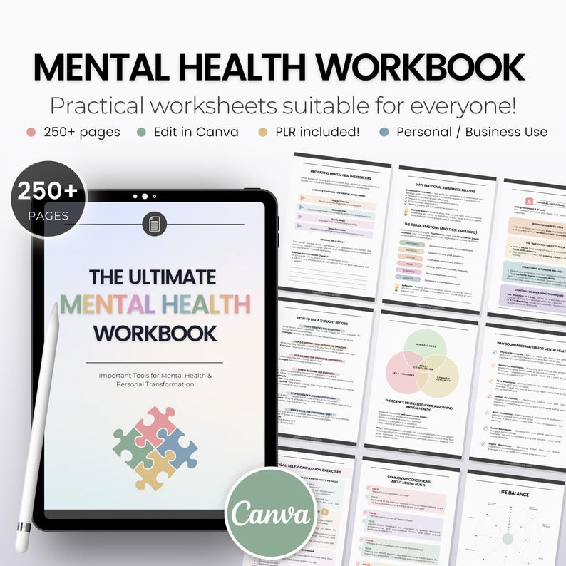 May include: A digital tablet displaying a colourful cover for a mental health workbook titled "The Ultimate Mental Health Workbook". The cover features a jigsaw puzzle piece design and the text "Important Tools for Mental Health & Personal Transformation". The workbook is available on Canva.