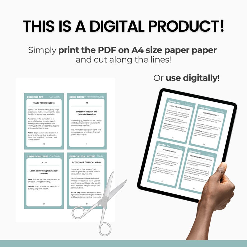 May include: A digital printable product with a set of cards for financial planning. The cards are organized into three categories: Budgeting Tips, Saving Challenge, and Financial Sector. The cards feature text and graphics with a light blue and white color scheme. The image shows a hand holding a tablet displaying the cards, and a pair of scissors cutting a card.