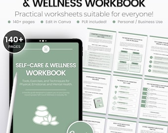 Cuaderno de trabajo de autocuidado y bienestar, hojas de trabajo de autocuidado editables, coaching de crecimiento PLR, plantillas de Canva para revender para terapeutas de salud mental