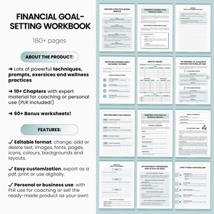 May include: A digital workbook with a teal and white color scheme. The workbook is titled "Financial Goal-Setting Workbook" and includes 180+ pages. The workbook features a variety of worksheets and templates for setting financial goals, budgeting, and investing. The workbook is designed for personal or business use.