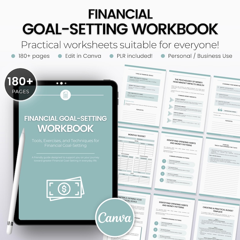May include: A digital workbook with the title "Financial Goal-Setting Workbook" on a tablet screen. The workbook includes tools, exercises, and techniques for financial goal-setting. The workbook is designed to support you on your journey towards greater financial goals, setting you up for success in everyday life.