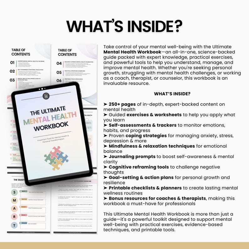 May include: The Ultimate Mental Health Workbook cover features a colourful puzzle piece design and the title "The Ultimate Mental Health Workbook". The workbook is described as an all-in-one guide with expert knowledge, practical exercises, and powerful tools to help you understand, manage, and improve mental health.