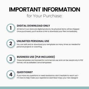 May include: A white background with blue text outlining important information for digital downloads. The text includes information about digital downloads, unlimited personal use, business use with PLR included, and questions.