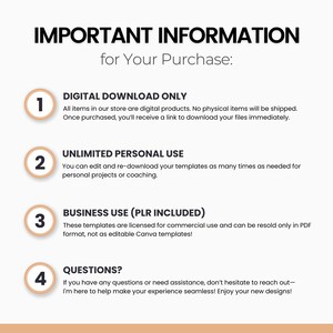 May include: A graphic with four numbered steps outlining important information for a digital download purchase. The steps include digital download only, unlimited personal use, business use with PLR included, and questions.