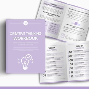 May include: A purple and white workbook titled "Creative Thinking Workbook" with the subtitle "Tools, Exercises, and Techniques to Boost Creativity". The cover features a lightbulb with a checkmark inside. The book is open to a table of contents with chapters on creativity, problem-solving, and innovation.