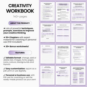 May include: A purple and white digital workbook with the title "Creativity Workbook" and the text "140+ pages". The workbook includes chapters on evaluating ideas for practicality, cultivating convergent thinking, the power of focus in creativity, prioritization templates for creative projects, the six thinking hats method for structured problem solving, problem-solving scenarios and exercises, imagination booster worksheets, and effective brainstorming techniques for teams to generate collective ideas.
