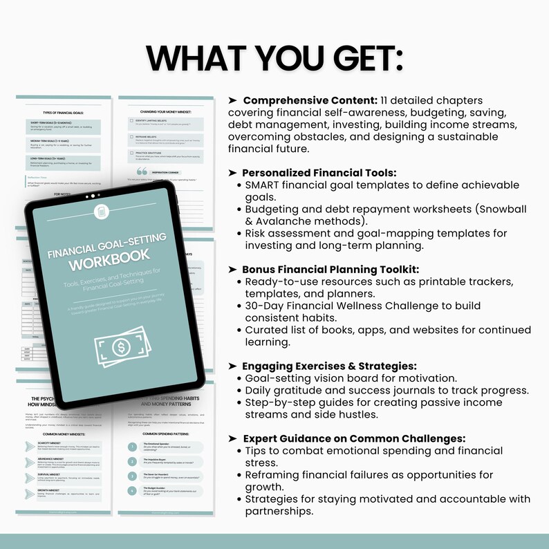 May include: A digital workbook with a blue cover and the title "Financial Goal-Setting Workbook". The workbook includes tools, worksheets, and techniques for financial goal setting. The image also shows a list of what is included in the workbook, such as comprehensive content, personalized financial tools, a bonus financial planning toolkit, engaging exercises and strategies, and expert guidance on common challenges.