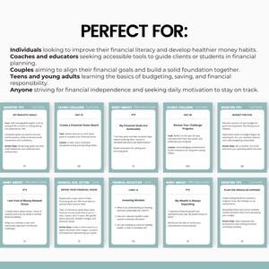 May include: A set of 10 colorful cards with different financial tips and challenges. The cards are divided into five categories: Budgeting Tips, Savings Challenge, Money Mindset, Financial Goal Setting, and Financial Reflection. Each card has a number, a title, and a brief description.