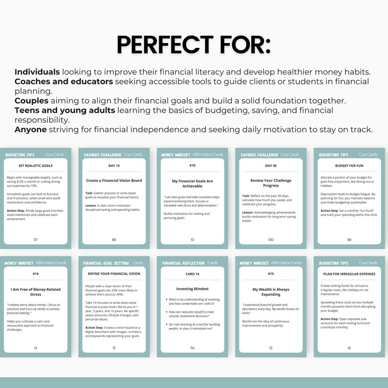 May include: A set of 10 colorful cards with different financial tips and challenges. The cards are divided into five categories: Budgeting Tips, Savings Challenge, Money Mindset, Financial Goal Setting, and Financial Reflection. Each card has a number, a title, and a brief description.