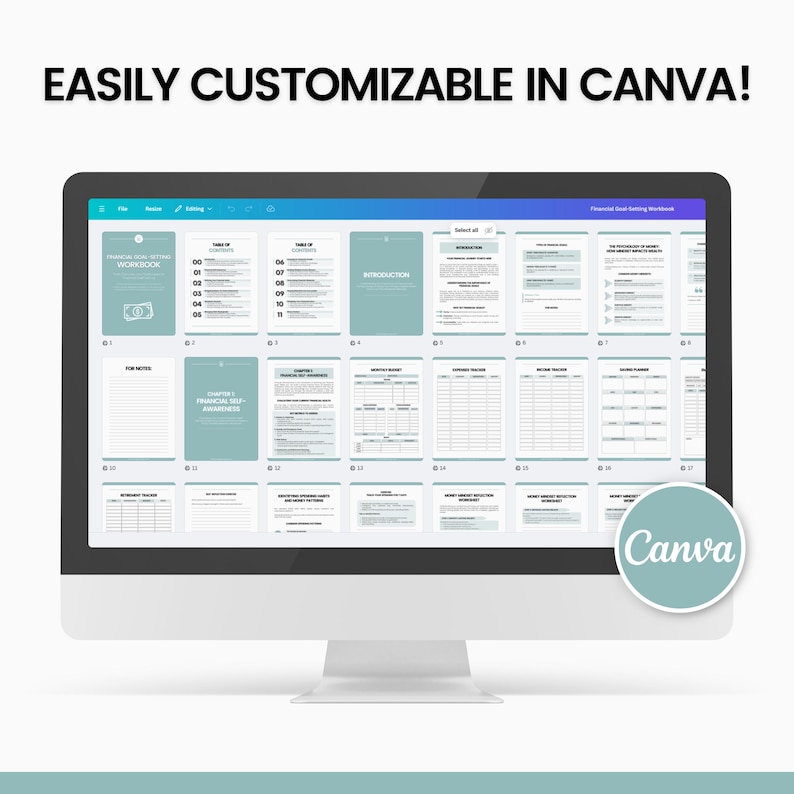 May include: A computer screen displaying a digital workbook titled "Financial Goal Setting Workbook". The workbook is divided into sections with titles like "Financial Goal Sector Workbook", "Chapter 3: Financial Self-Awareness", and "Introduction". The screen is open in the Canva design platform.