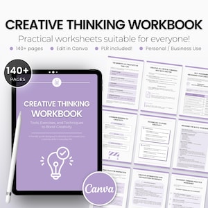 May include: A purple and white digital workbook with the title "Creative Thinking Workbook" and the text "Tools, Exercises, and Techniques to Boost Creativity". The workbook is open to a page with a lightbulb graphic and the text "Canva".