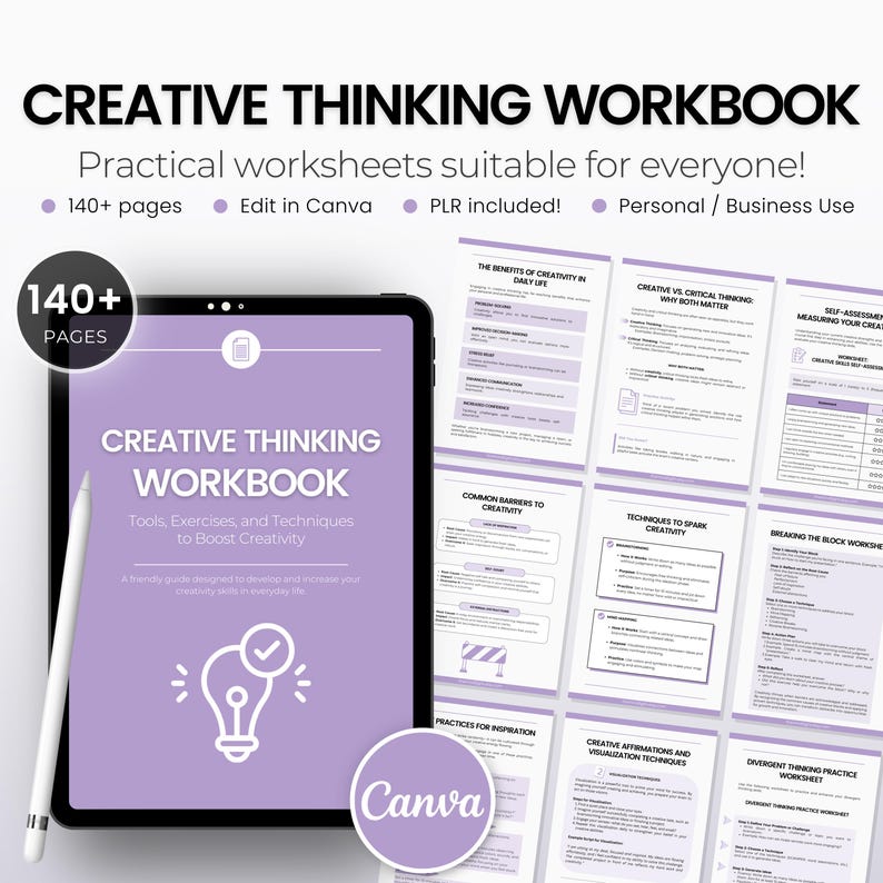 May include: A purple and white digital workbook with the title "Creative Thinking Workbook" and the text "Tools, Exercises, and Techniques to Boost Creativity". The workbook is open to a page with a lightbulb graphic and the text "Canva".