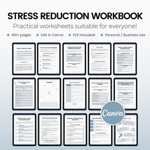 May include: A digital workbook titled "Stress Reduction Workbook" with practical worksheets. The image shows multiple tablet screens displaying content, including "Scientific Benefits of MSE" and "How to Say No with Kindness." The workbook includes over 160 pages and is editable in Canva.