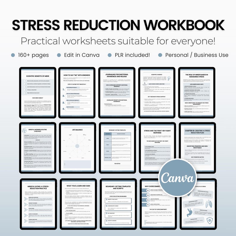May include: A digital workbook titled "Stress Reduction Workbook" with practical worksheets. The image shows multiple tablet screens displaying content, including "Scientific Benefits of MSE" and "How to Say No with Kindness." The workbook includes over 160 pages and is editable in Canva.