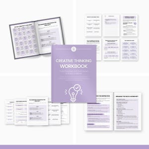May include: A purple and white workbook titled "Creative Thinking Workbook: Tools, Exercises, and Techniques to Boost Creativity". The cover features a lightbulb with a checkmark inside. The workbook is open to a page with a list of "Ideas for Inspiration" and a "Breaking the Block Worksheet".